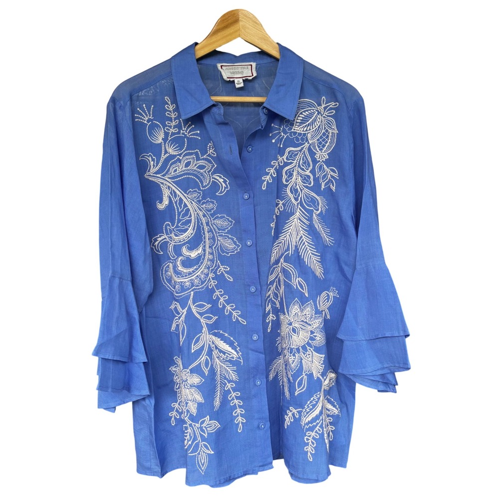 Johnny Was Blue White Size XL 3/4 Flounce Sleeve